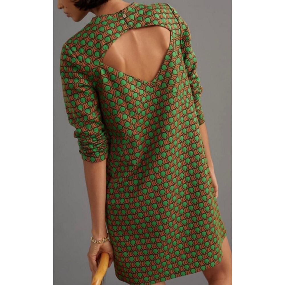 Anthropologie Maeve Jacquard Shift Dress Green Orange Geometric Back Cutout Mini